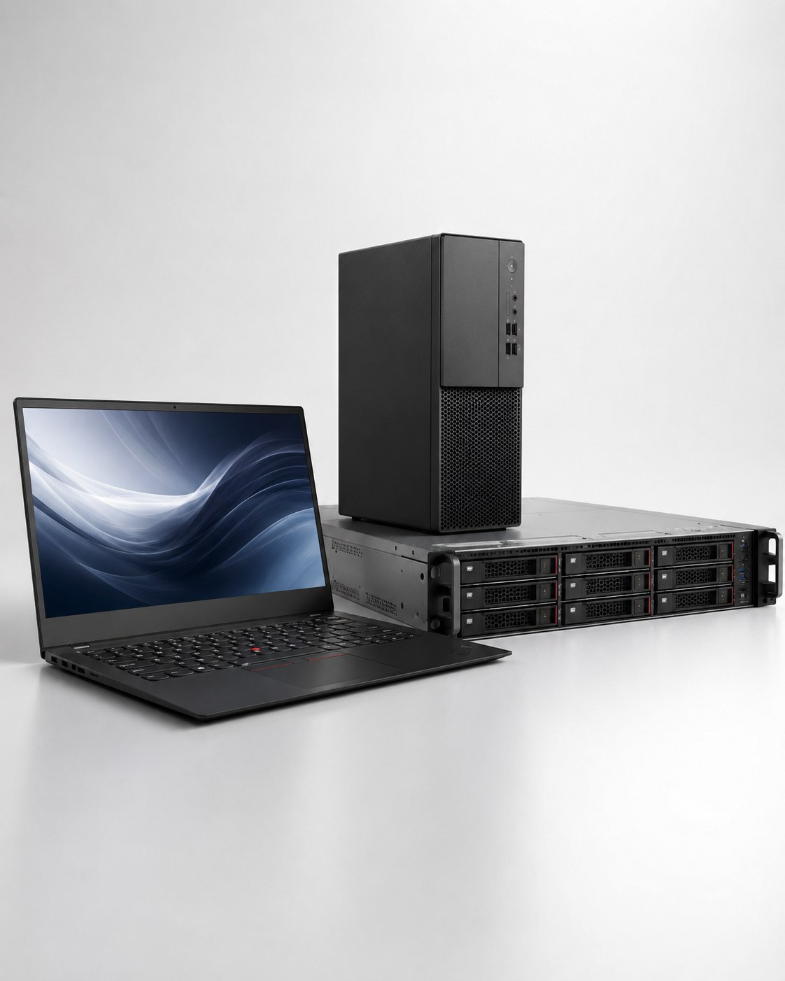 Lenovo business laptop, desktop tower, and rack server